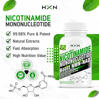 HXN NMN Supplements 500mg, Nicotinamide Mononucleotide With Vitamin C, B3, Resveratrol, Quercetin Help NAD Metabolism Booster, Energy & Skin Good Health Supplement-30 Tablets