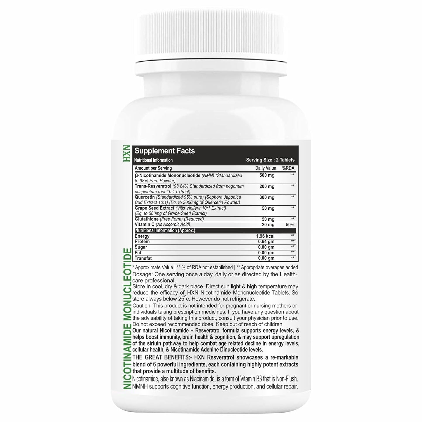 HXN NMN Supplements 500mg, Nicotinamide Mononucleotide With Vitamin C, B3, Resveratrol, Quercetin Help NAD Metabolism Booster, Energy & Skin Good Health Supplement-30 Tablets