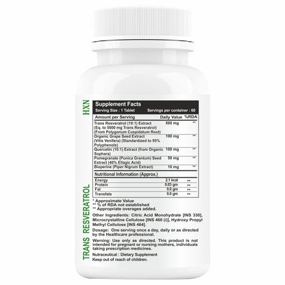 HXN Resveratrol 500mg Supplements With Grape Seed Extract, Quercetin 60 Tablets